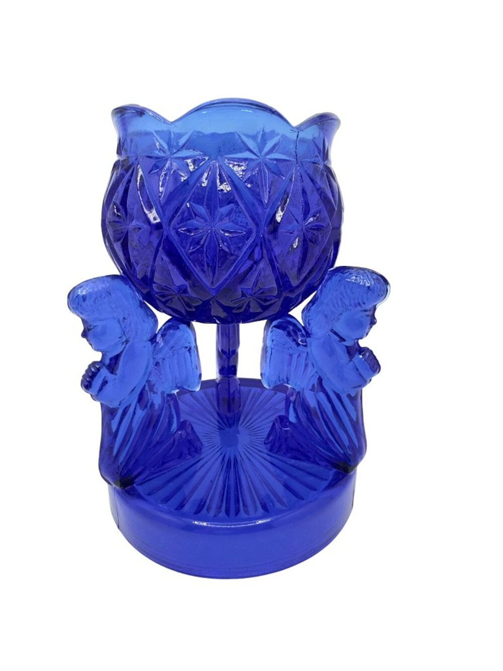 Vintage Cobalt Blue Glass Angel Motif Diamond Pattern Candle Holder 5.5" Tall